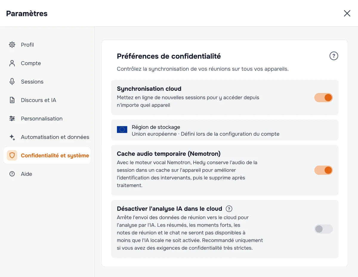 Le panneau « Préférences de confidentialité » dans les paramètres de Hedy, avec l'interrupteur « Synchronisation cloud », la ligne non modifiable « Région de stockage » indiquant « Union européenne · Défini lors de la configuration du compte » et l'interrupteur « Désactiver l'analyse IA dans le cloud » en position désactivée