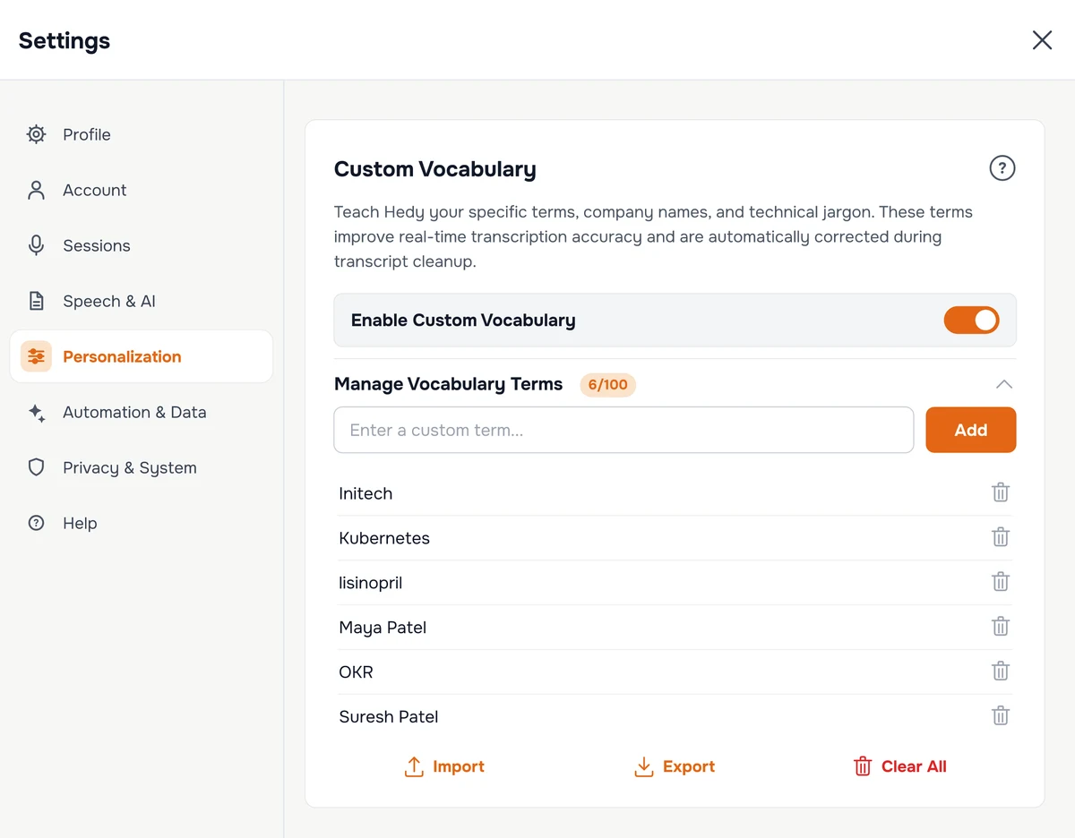 The Custom Vocabulary section in Hedy's settings, showing the enable toggle and a list of saved terms with add, import, export, and clear options