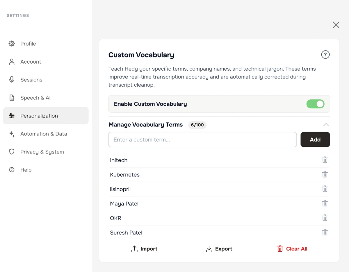 The Custom Vocabulary section in Hedy's settings, showing the enable toggle and a list of saved terms with add, import, export, and clear options