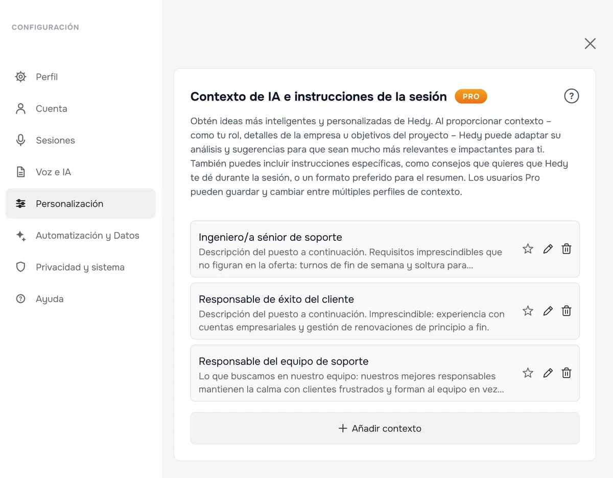 Los contextos de sesión guardados en Hedy, uno por cada puesto vacante, cada uno con la descripción del puesto y sus requisitos imprescindibles