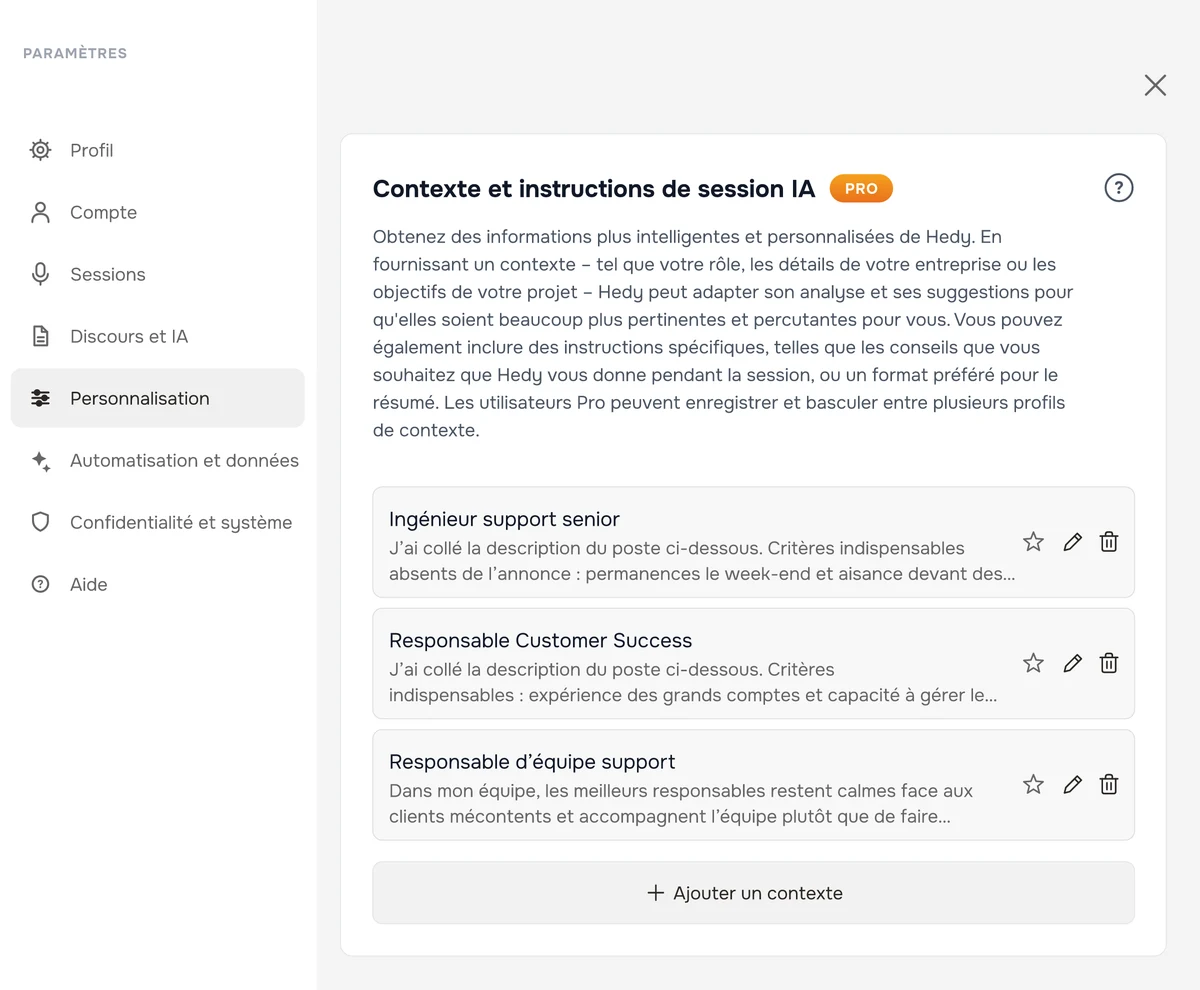 Les contextes de session enregistrés dans Hedy, avec un contexte par poste à pourvoir, chacun contenant la description du poste et ses critères indispensables