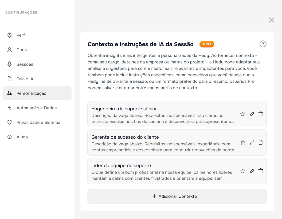 Os contextos de sessão salvos no Hedy, com um contexto para cada vaga em aberto, cada um contendo a descrição da vaga e os requisitos indispensáveis dessa função