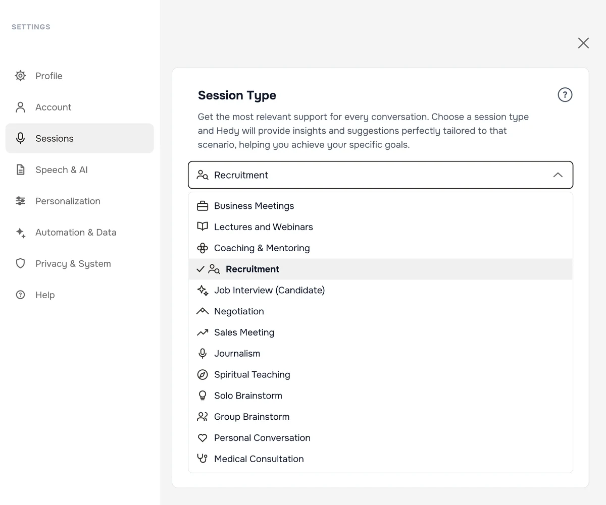 The Session Type setting in Hedy, with the dropdown open and Recruitment selected