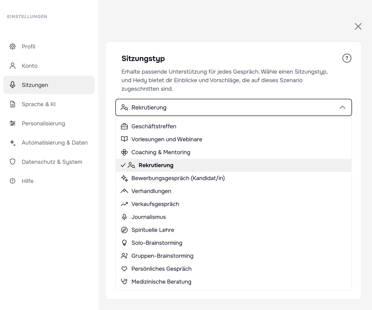 Die Einstellung für den Sitzungstyp in Hedy, mit geöffnetem Dropdown-Menü und ausgewählter Rekrutierung