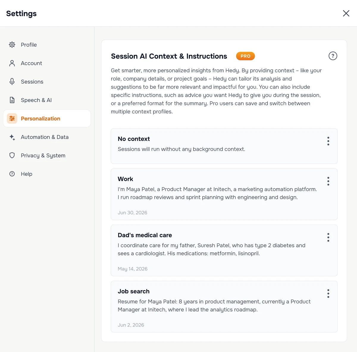 The Session AI Context & Instructions section in Hedy's settings, showing saved custom contexts