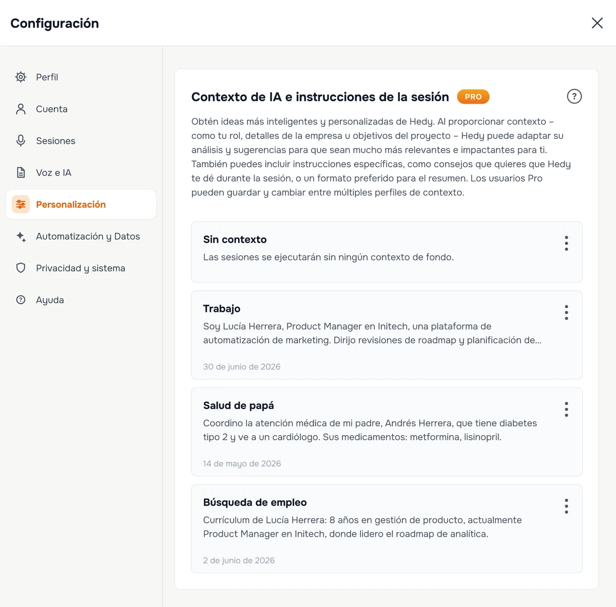 La sección Contexto de IA e instrucciones de la sesión en la configuración de Hedy, con contextos personalizados guardados