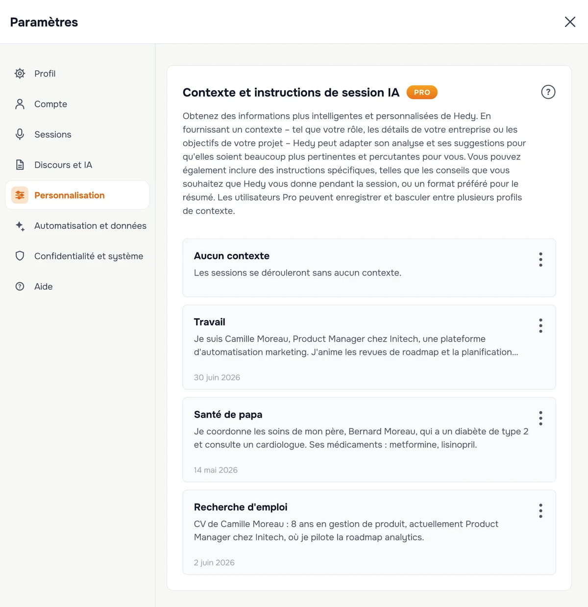 La section Contexte et instructions de session IA dans les paramètres de Hedy, avec les contextes personnalisés enregistrés