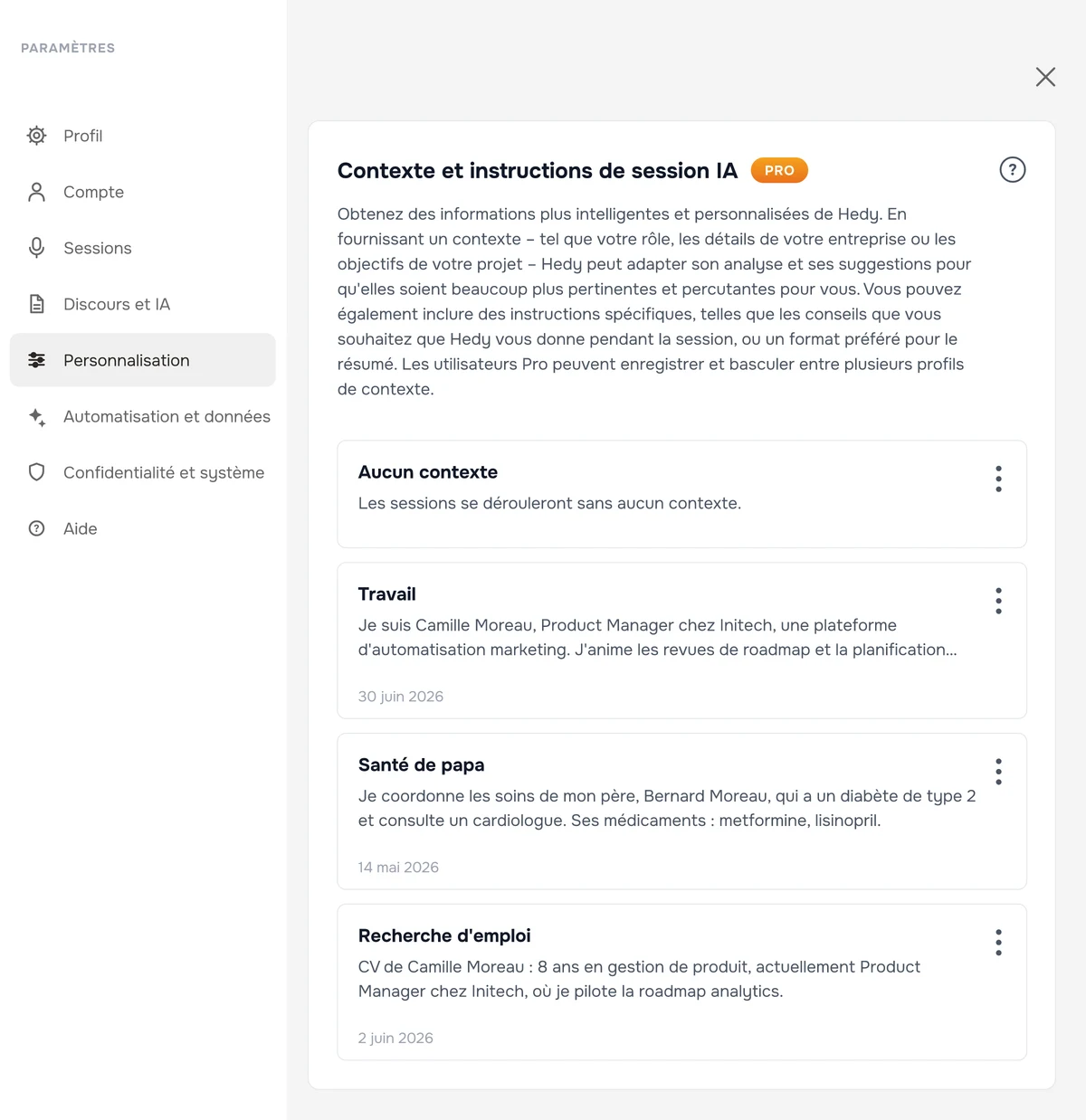 La section Contexte et instructions de session IA dans les paramètres de Hedy, avec les contextes personnalisés enregistrés