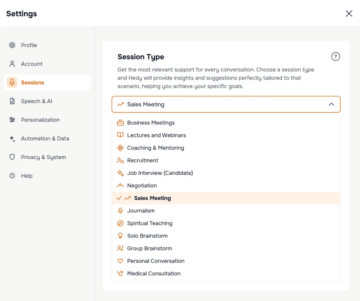 The Session Type setting in Hedy, with the dropdown open showing all available session types and Sales Meeting selected