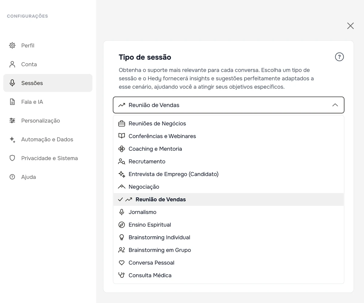 A definição Tipo de sessão no Hedy, com o menu suspenso aberto a mostrar todos os tipos de sessão disponíveis e Reunião de Vendas selecionada