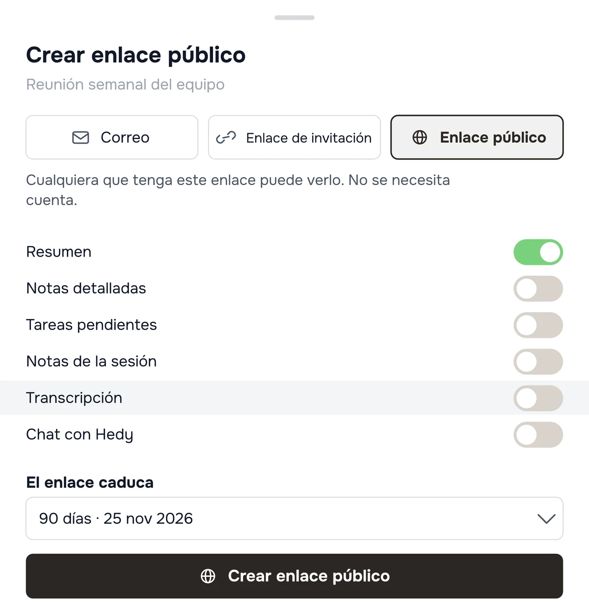 El diálogo para compartir de Hedy con el enlace público seleccionado: Recap está activado, el resto del contenido está desactivado, con la caducidad y el botón de creación debajo