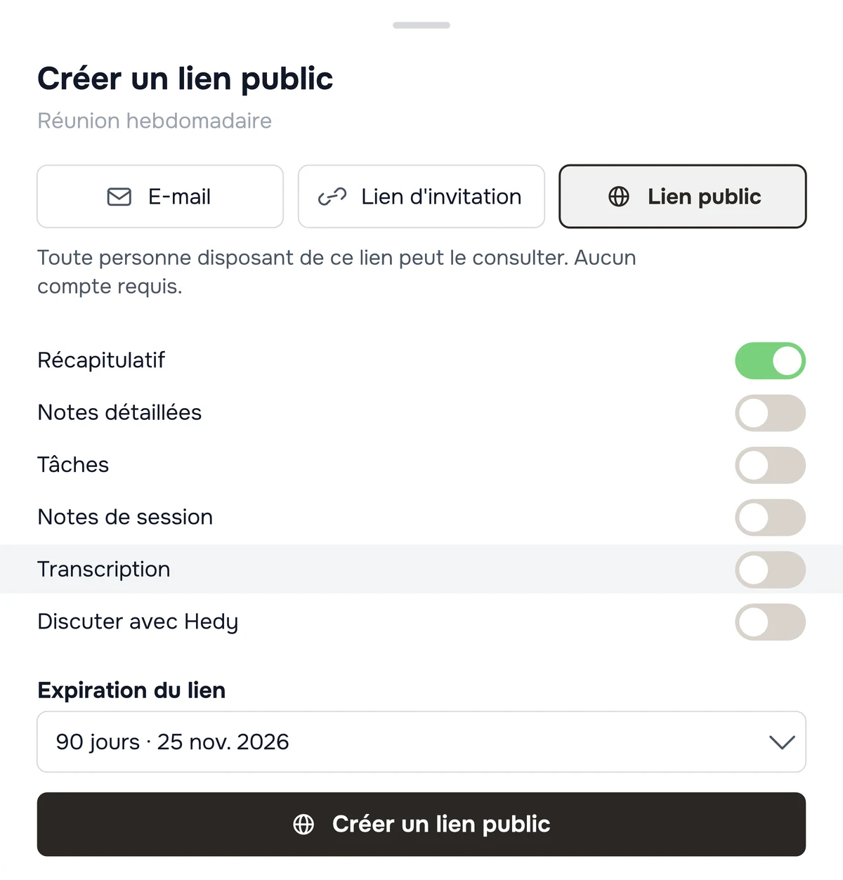La boîte de dialogue de partage de Hedy avec le lien public sélectionné : Recap est activé, tout le reste est désactivé, avec l'expiration et le bouton de création en dessous