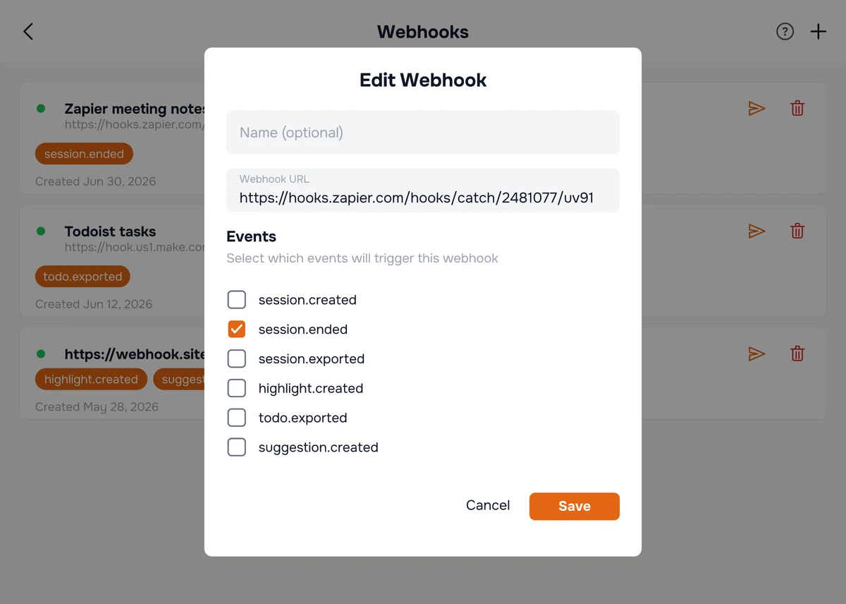 The Edit Webhook dialog in Hedy, showing the name and URL fields above the list of subscribable events with session.ended selected