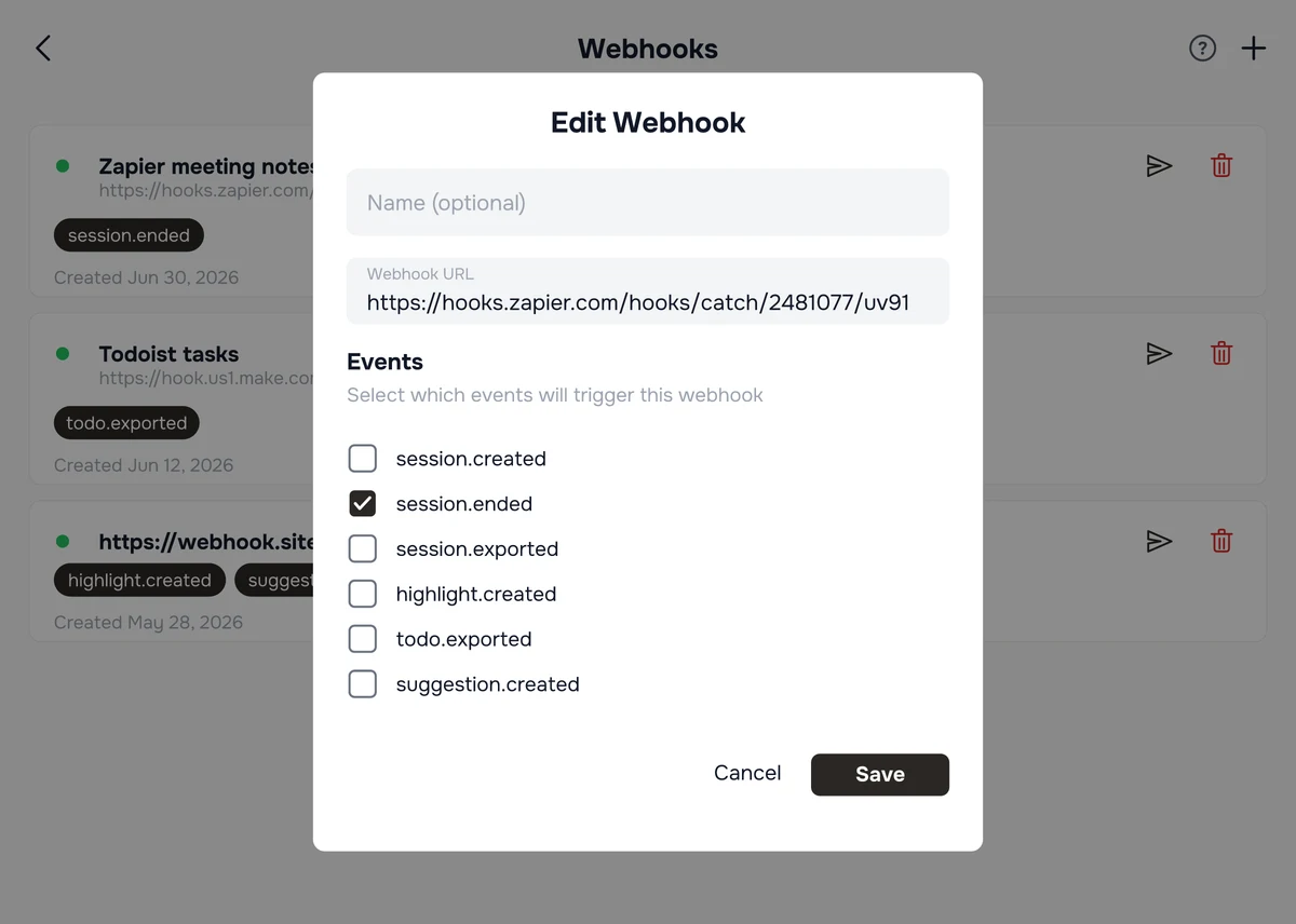 The Edit Webhook dialog in Hedy, showing the name and URL fields above the list of subscribable events with session.ended selected