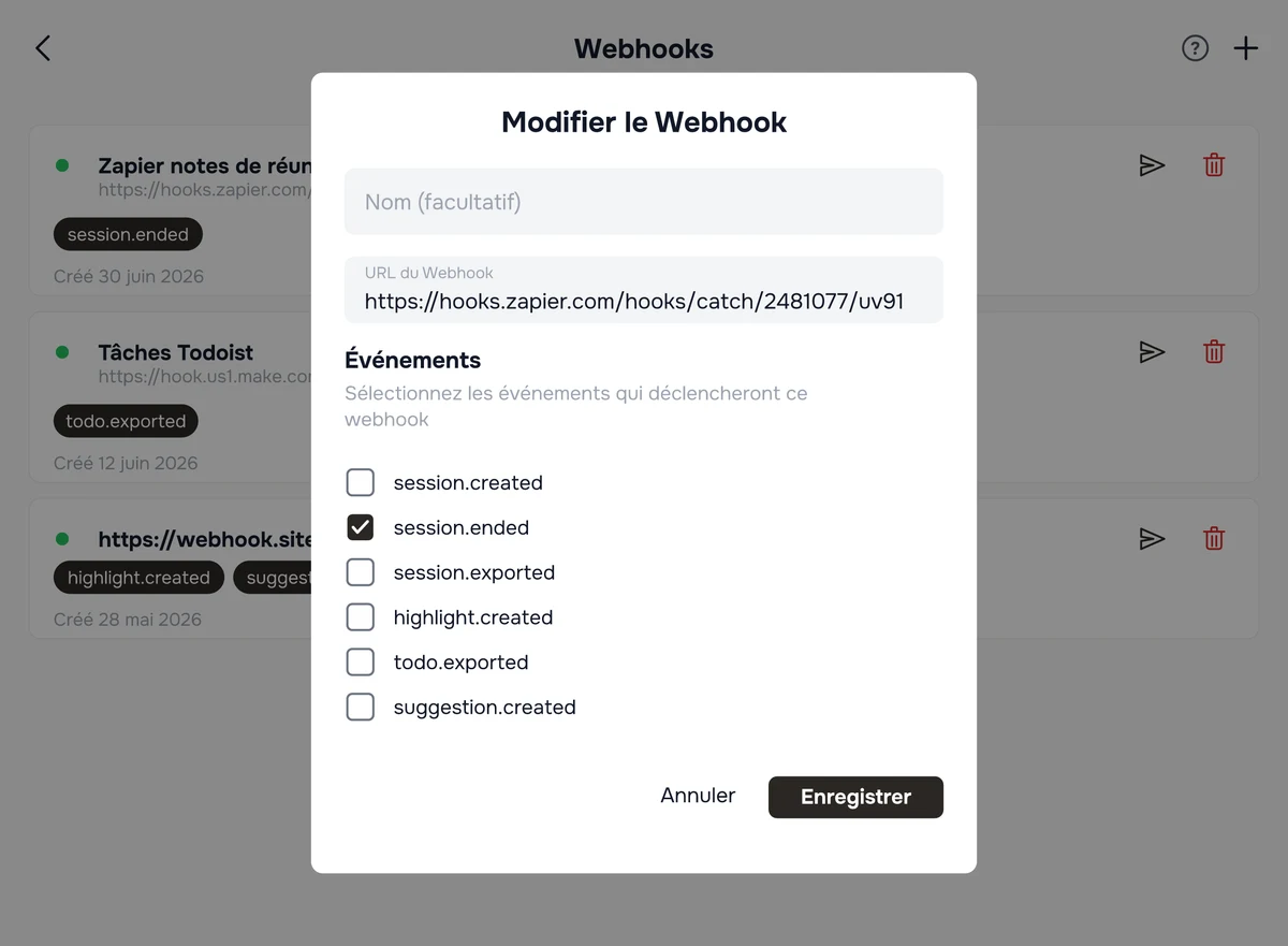 La boîte de dialogue Modifier le Webhook dans Hedy, avec les champs nom et URL au-dessus de la liste des événements auxquels souscrire, session.ended étant coché