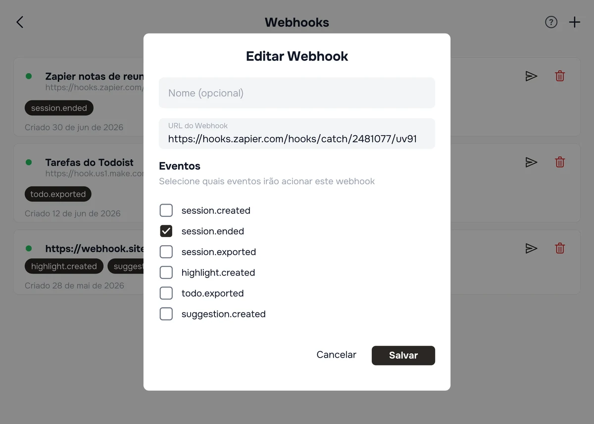 A caixa de diálogo Editar Webhook no Hedy, mostrando os campos de nome e URL acima da lista de eventos assináveis, com session.ended selecionado