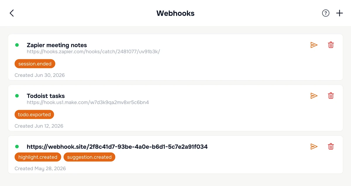 The Webhooks screen in Hedy, listing three configured webhooks with their URLs, subscribed event chips, and creation dates