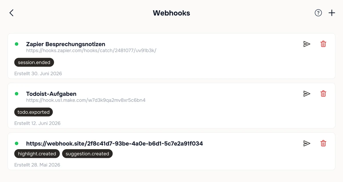 Der Webhooks-Bildschirm in Hedy mit drei konfigurierten Webhooks samt URLs, abonnierten Ereignis-Chips und Erstellungsdaten