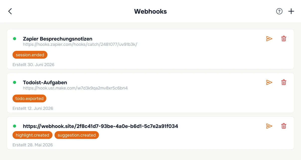 Der Webhooks-Bildschirm in Hedy mit drei konfigurierten Webhooks samt URLs, abonnierten Ereignis-Chips und Erstellungsdaten